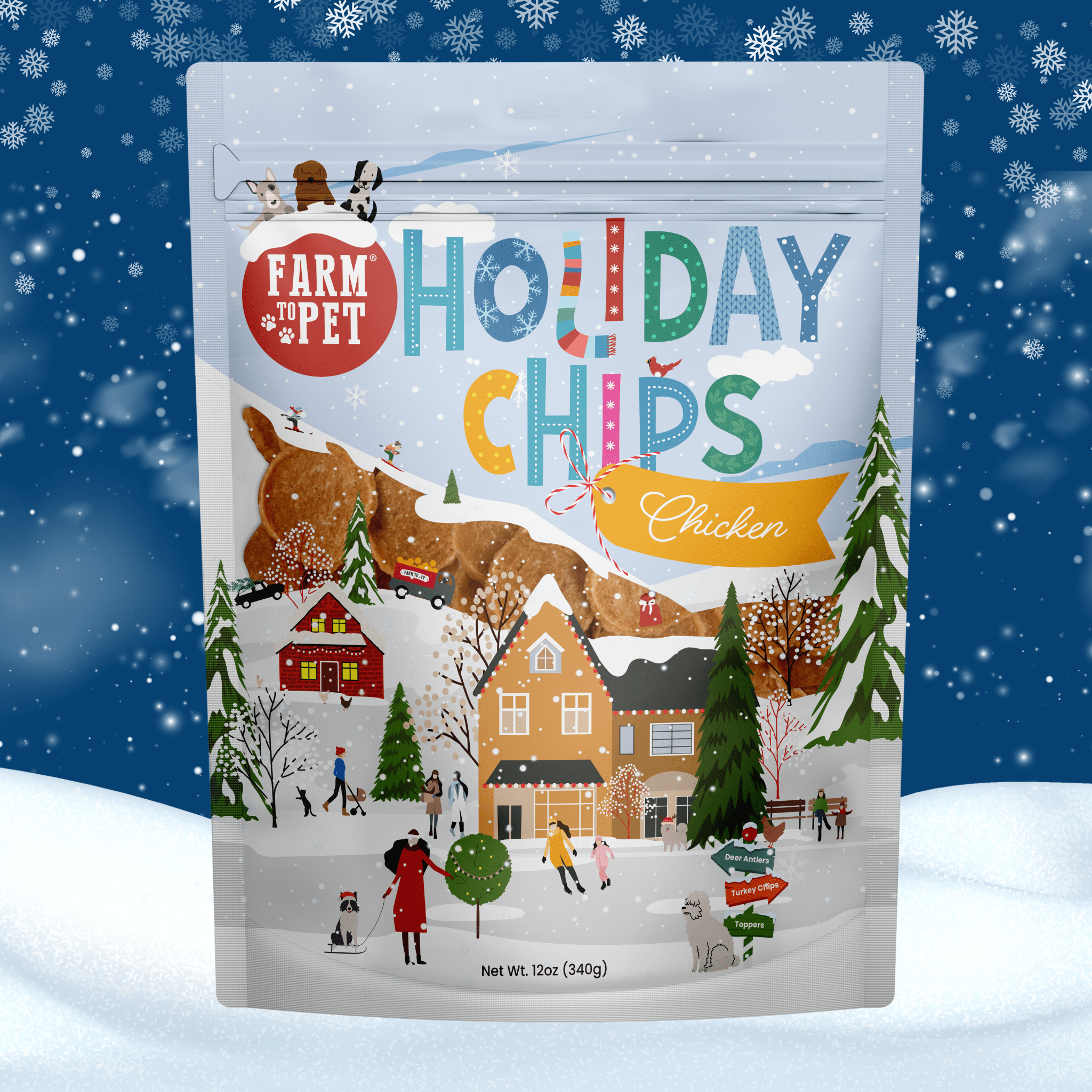 Packaging of Farm to Pet Holiday Chips with a winter scene illustration on a snowy background