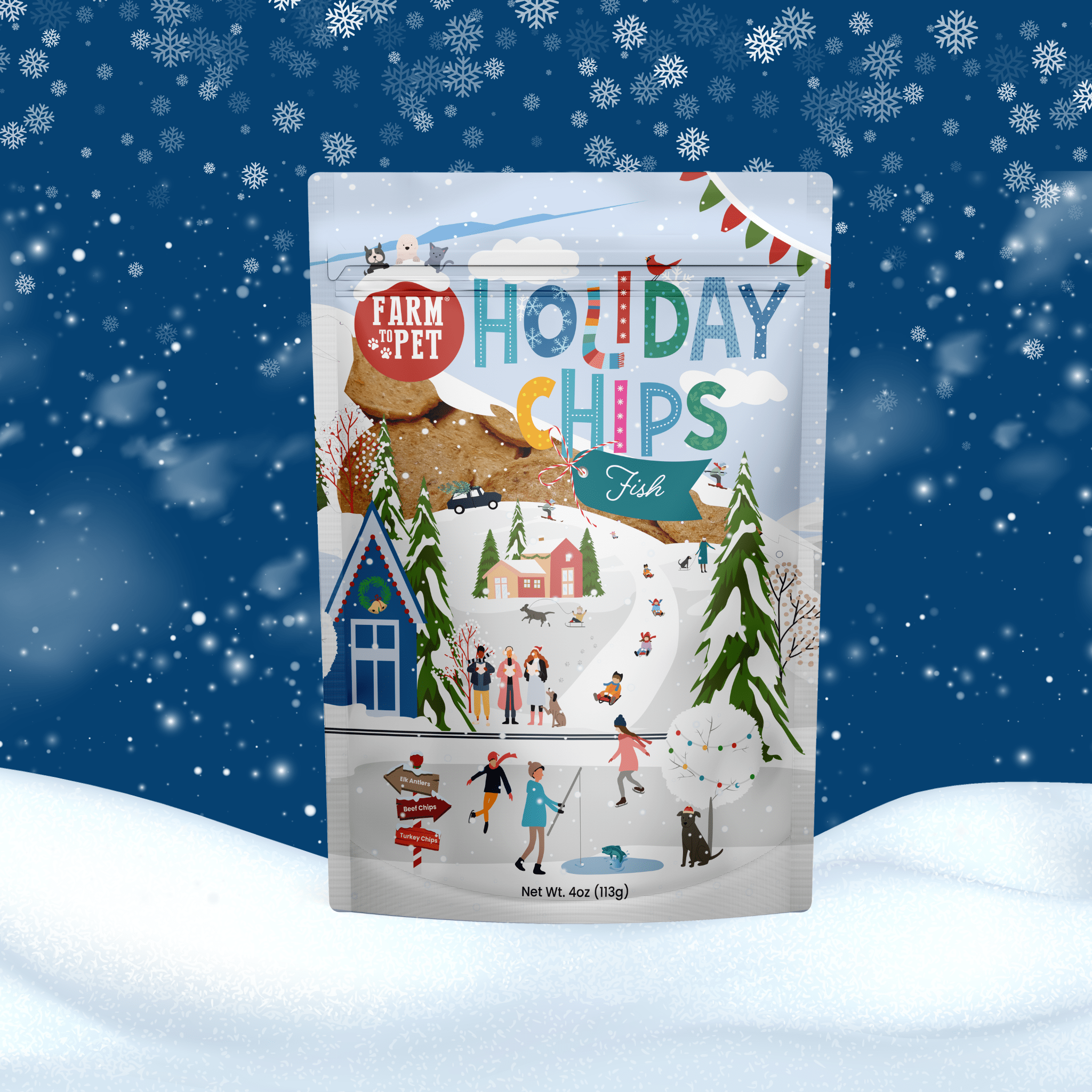 Packaging of 'Farm to the Pet' Holiday Chips with a winter scene illustration on a snowy background.