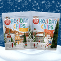 Two packages of 'Farm to Pet Holiday Chips' on a snowy background with Christmas-themed illustrations.