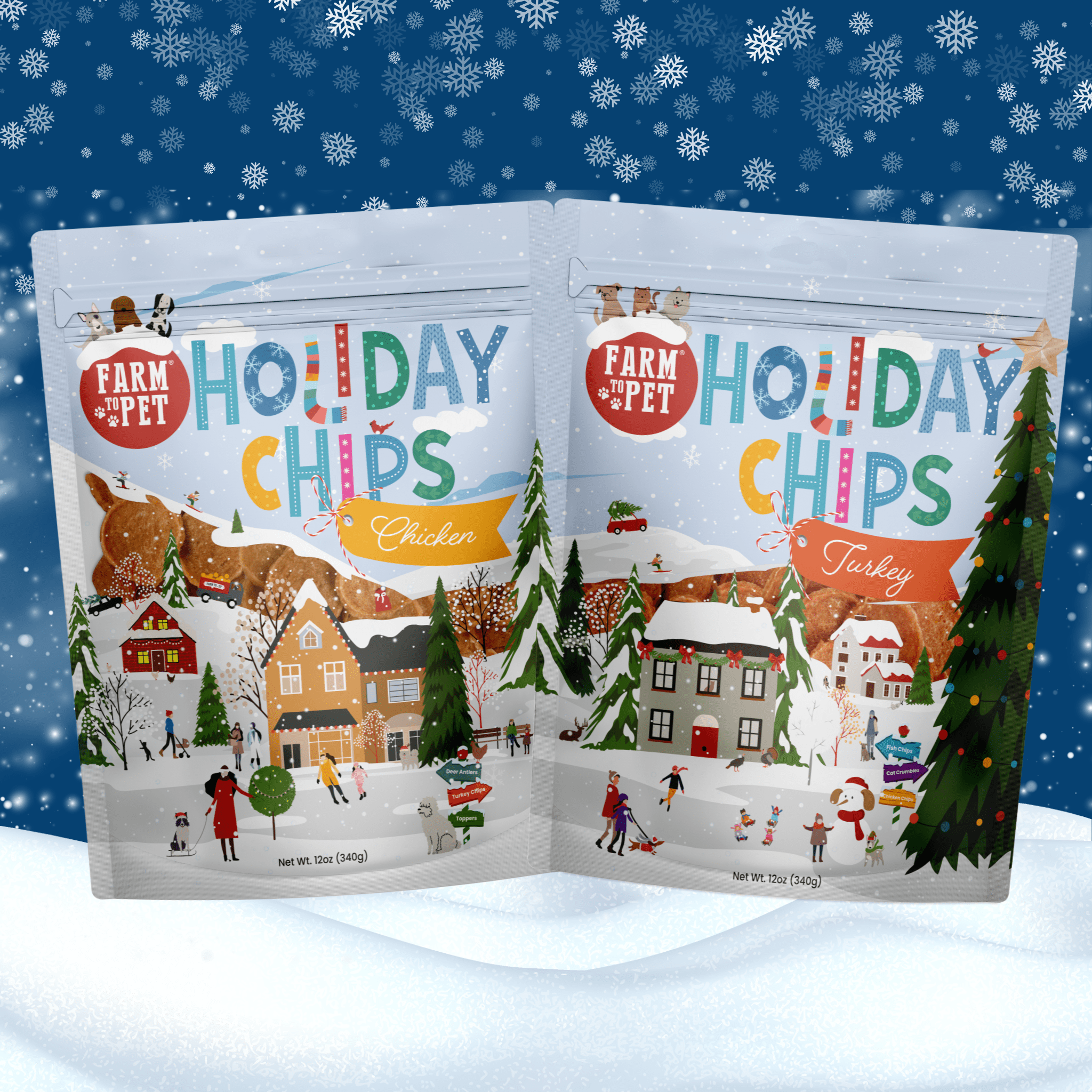 Two packages of 'Farm to Pet Holiday Chips' on a snowy background with Christmas-themed illustrations.