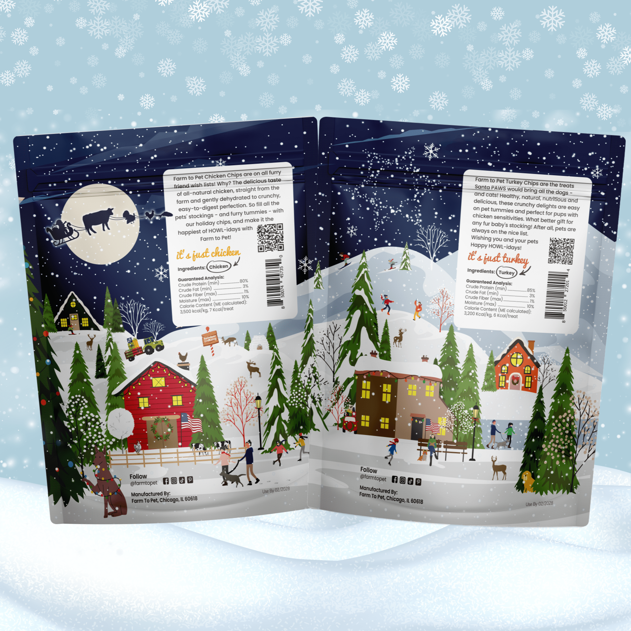 Product packaging with a winter scene illustration on a snowy background
