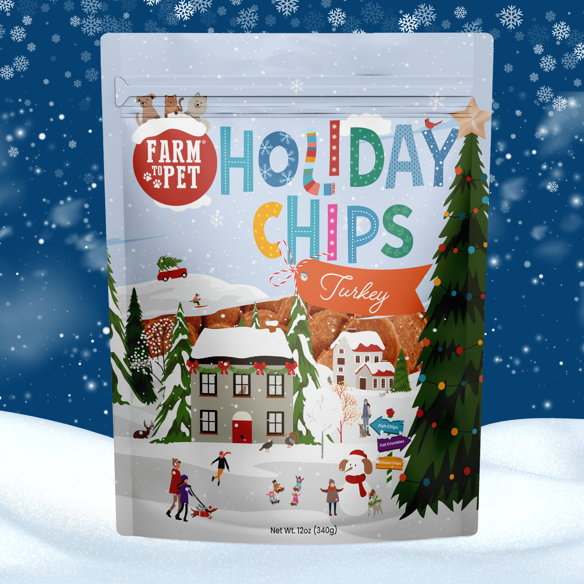 Package of 'Farm to Pet Holiday Chips Turkey' on a snowy background