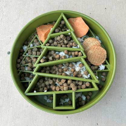 Green pet bowl with food shaped like a Christmas tree on a light background