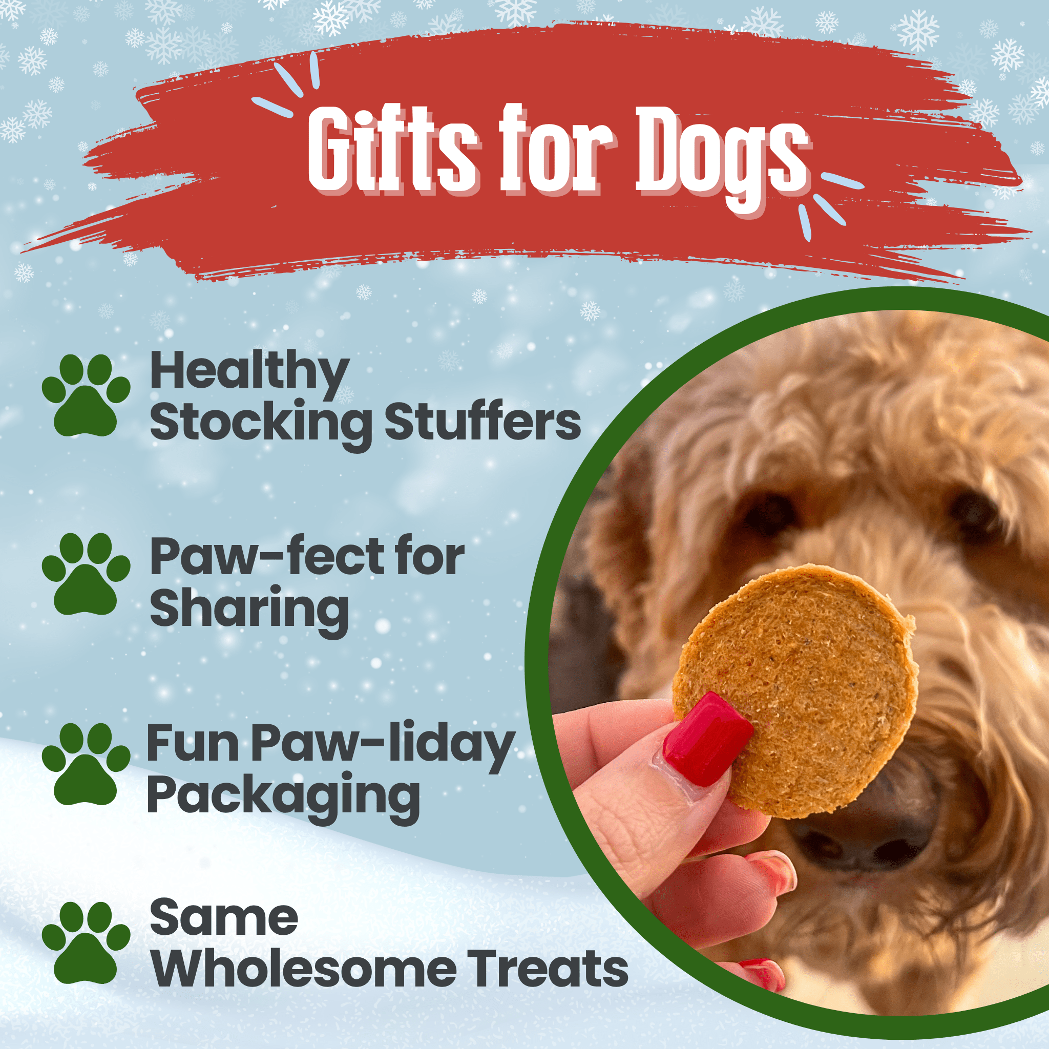 Promotional graphic for dog gifts with a treat and text on a snowy background