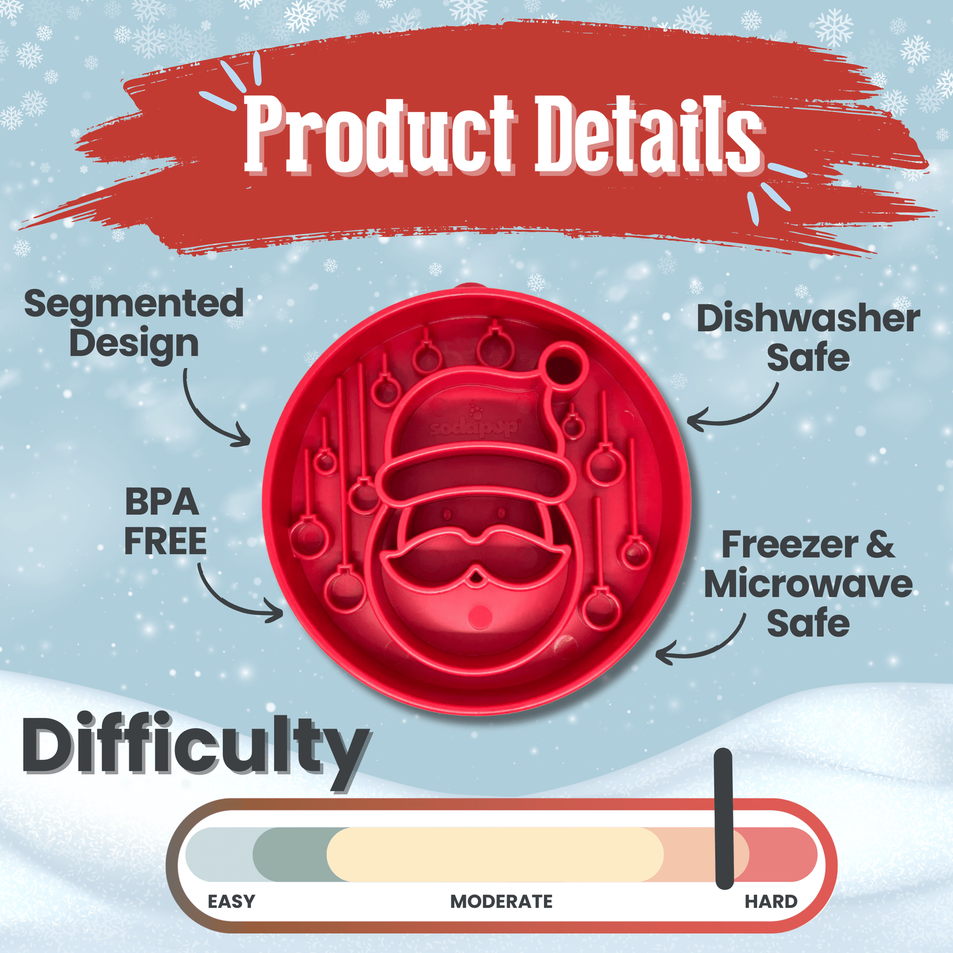Product details of a red silicone mold with features like segmented design, dishwasher safety, and difficulty level indicator on a blue background.