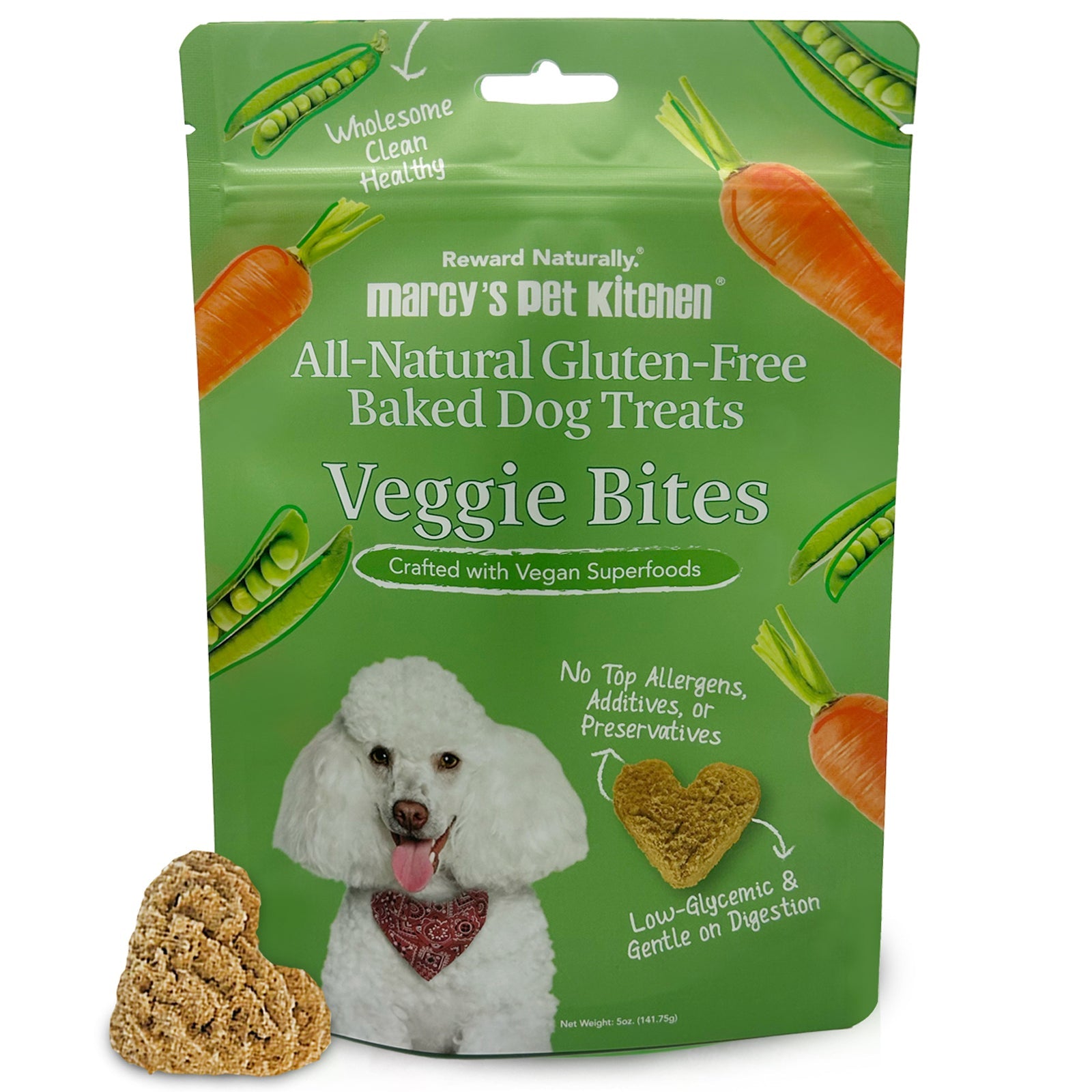 Green package of marcy's pet kitchen veggie bites dog treats with a white dog on the label.