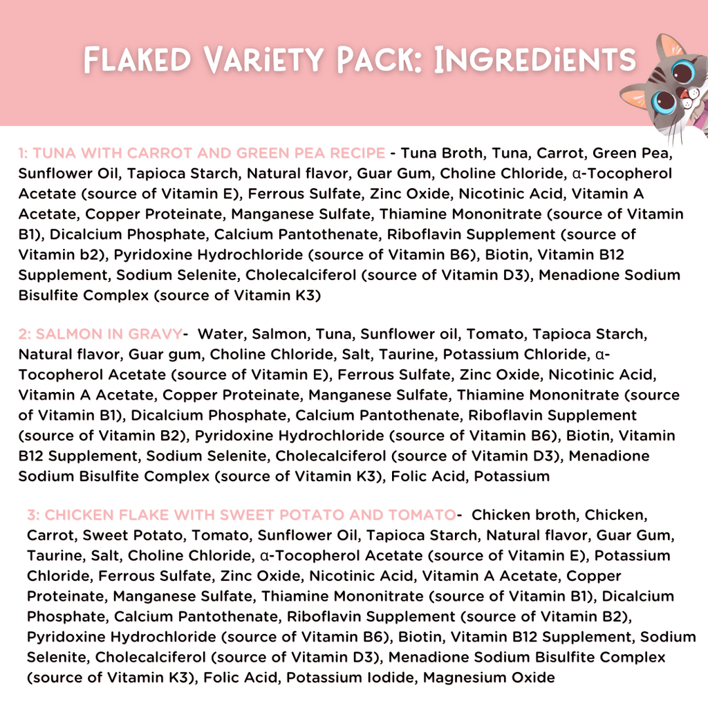 Ingredients list for flaked variety pack on a pink background with a cartoon owl character.
