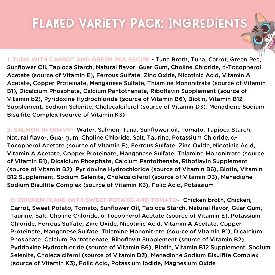 Ingredients list for flaked variety pack on a pink background with a cartoon owl character.