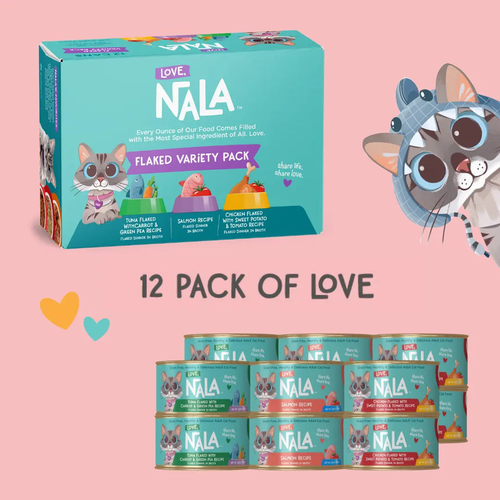 Nala cat food variety pack on a pink background with cartoon cat illustration
