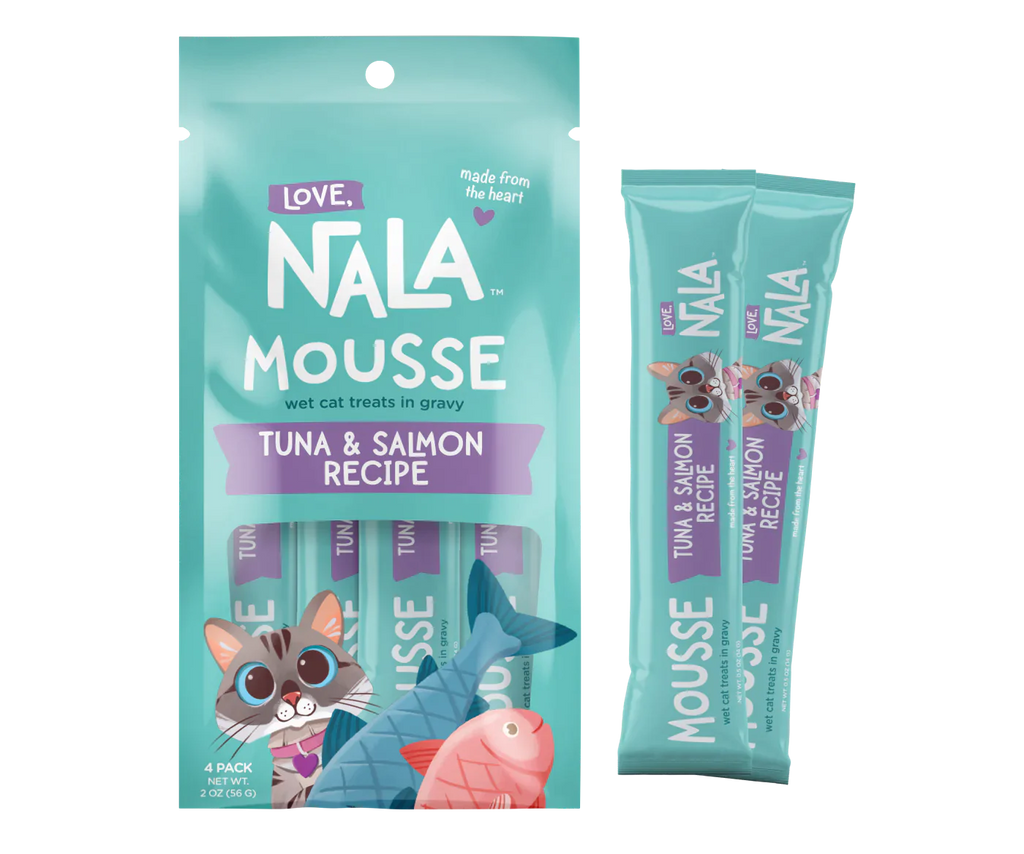 Nala Mousse tuna and salmon recipe cat treats packaging on a white background