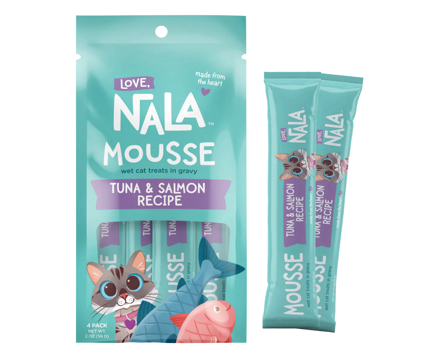 Nala Mousse tuna and salmon recipe cat treats packaging on a white background