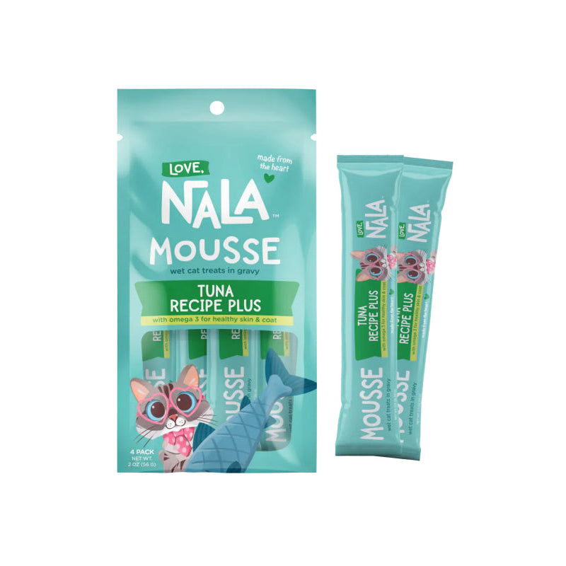 Nala Mousse tuna recipe plus cat treat packaging on a white background