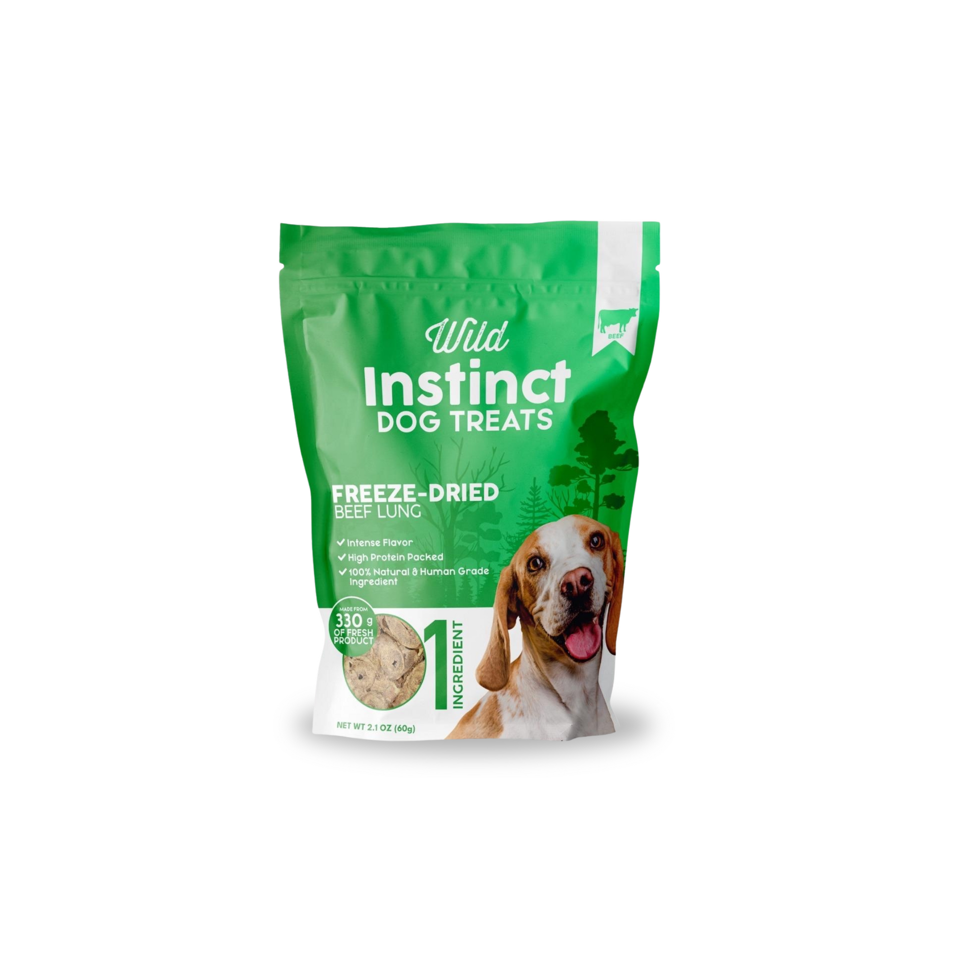 Green package of Wild Instinct dog treats on a white background