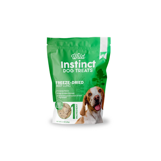 Green package of Wild Instinct dog treats on a white background