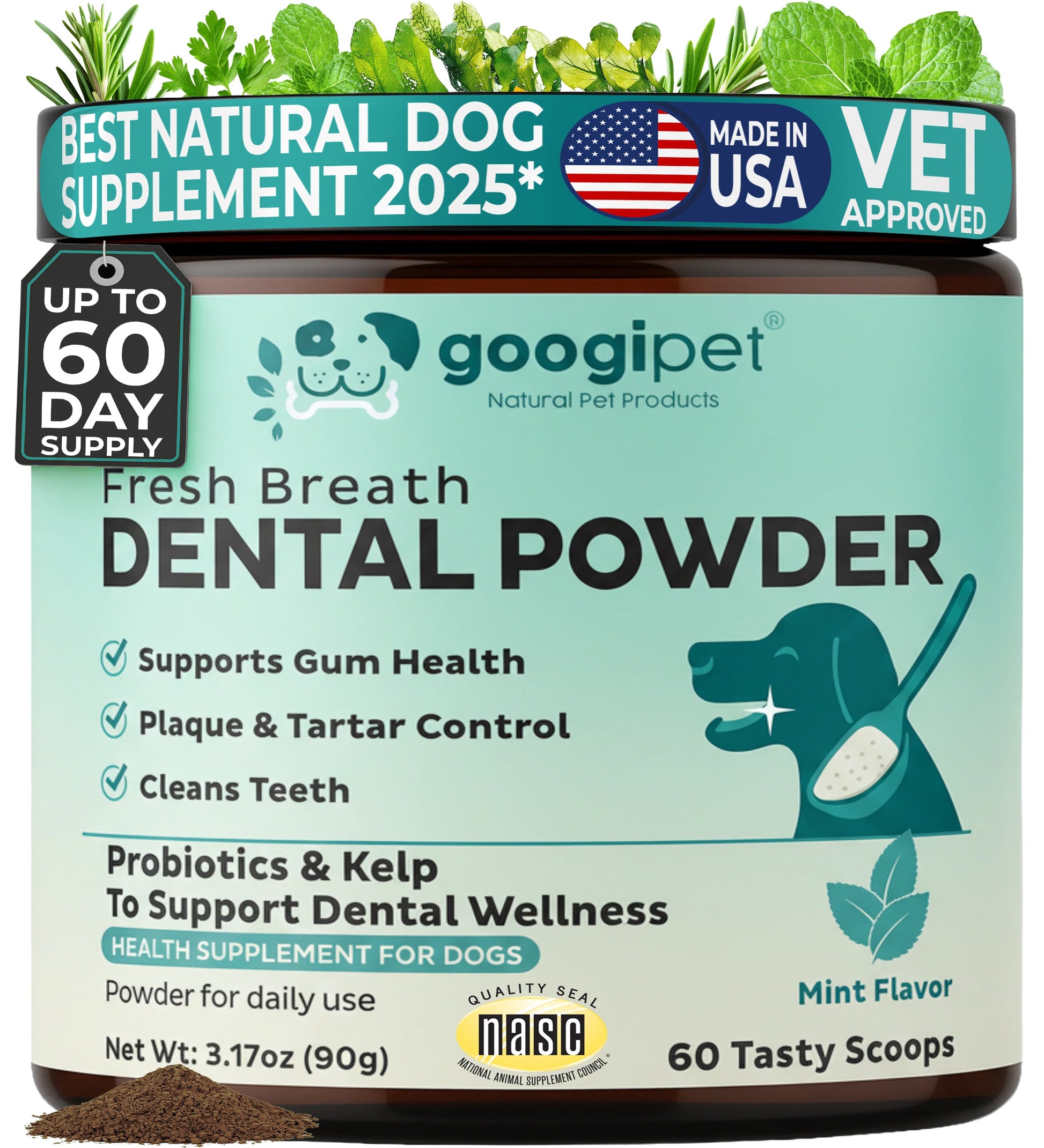 Googipet Fresh Breath Dental Powder packaging with text and graphics on a green background