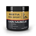 Container of Bestia Dog Sport Gain Muscle supplement on a white background