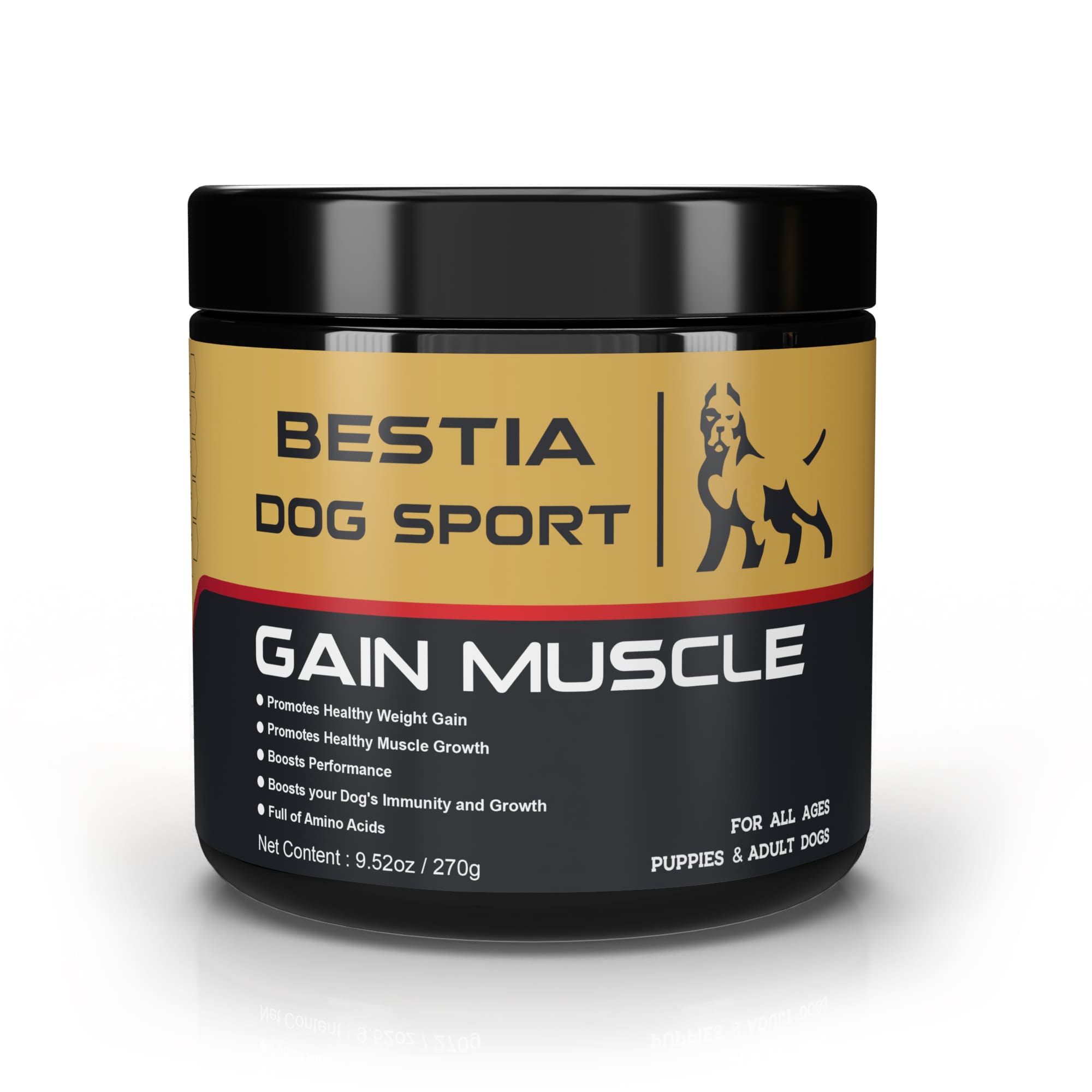 Container of Bestia Dog Sport Gain Muscle supplement on a white background
