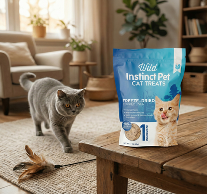 Cat treats package on a wooden table with a cat in a living room setting