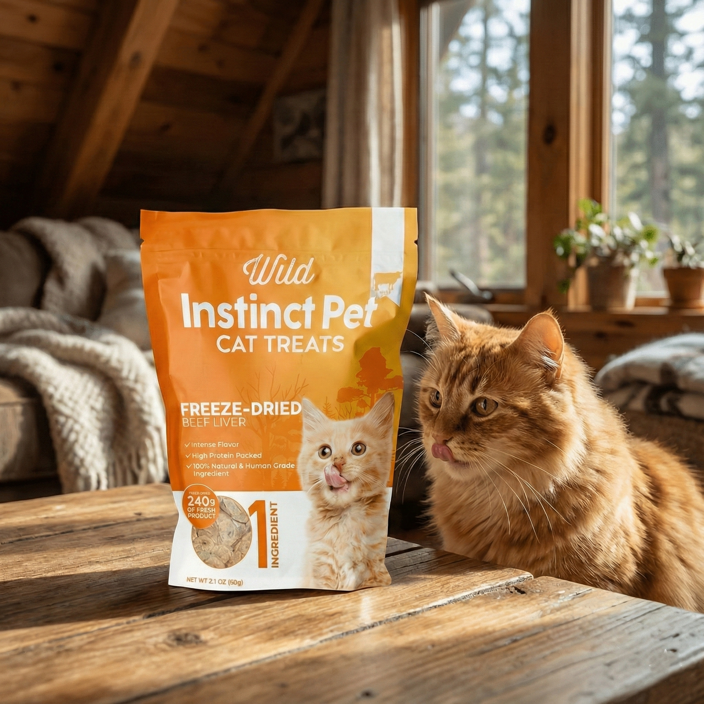 Cat sitting next to a package of Wild Instinct Pet Cat Treats on a wooden table with a cozy room background.
