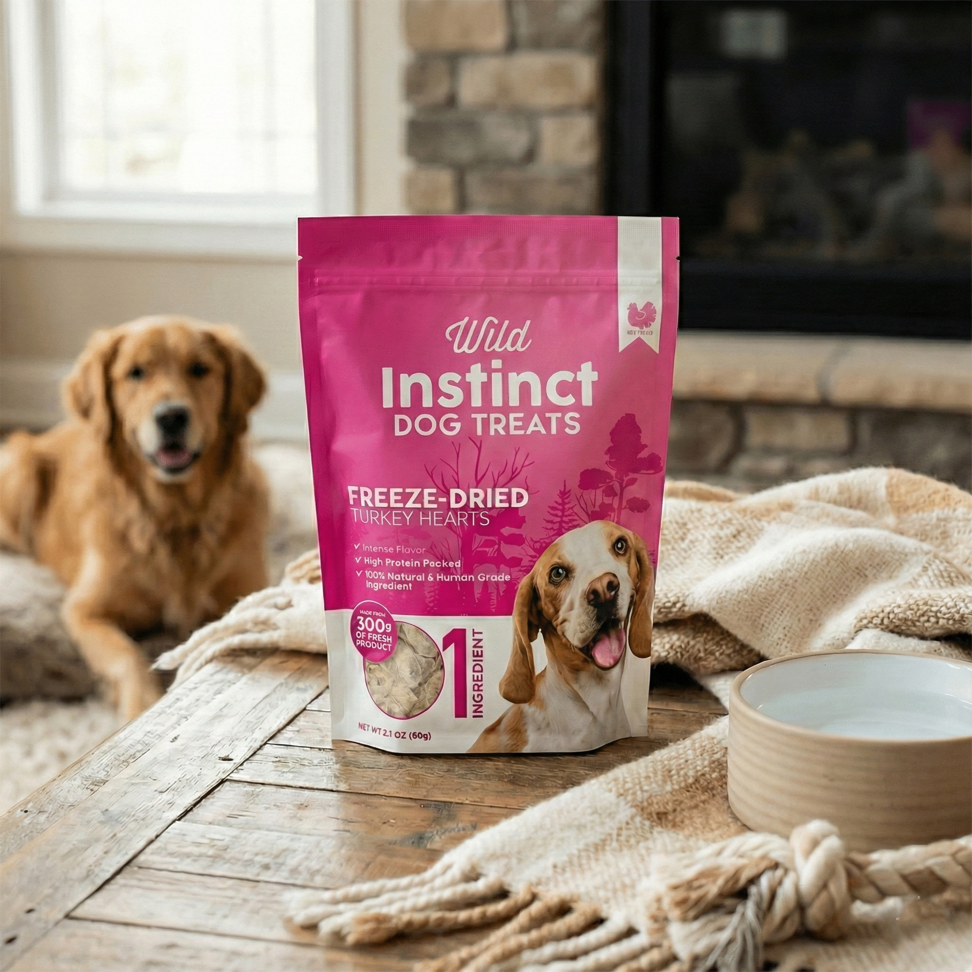 Bag of Wild Instinct dog treats on a wooden table with a dog in the background.
