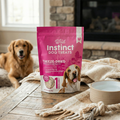 Bag of Wild Instinct dog treats on a wooden table with a dog in the background.