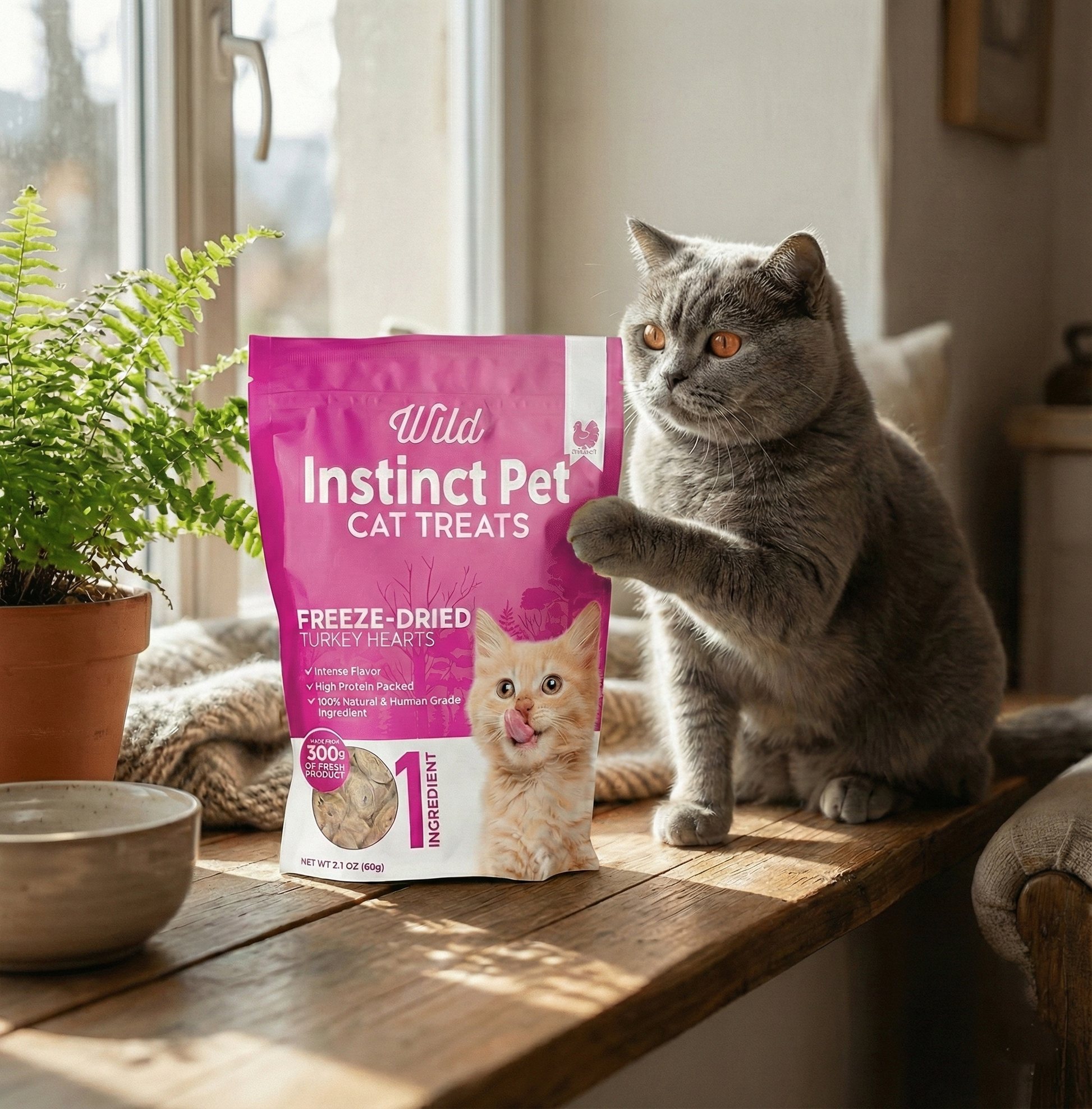 Cat interacting with a package of Wild Instinct Pet Cat Treats on a wooden surface.