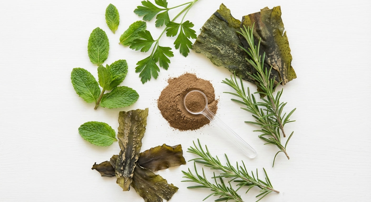 Collection of various herbs and a small container of powder on a white background