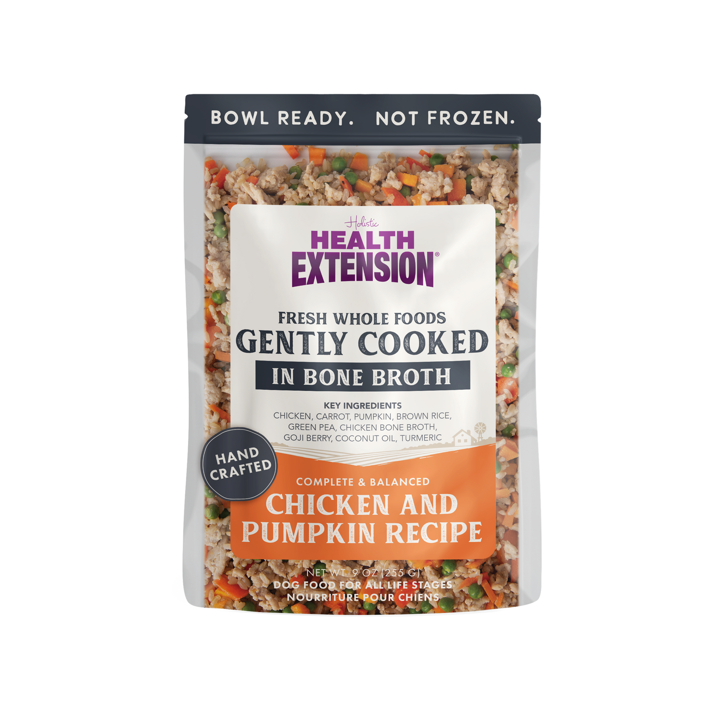Health Extension dog food package with chicken and pumpkin recipe on a white background