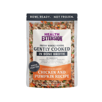 Health Extension dog food package with chicken and pumpkin recipe on a white background