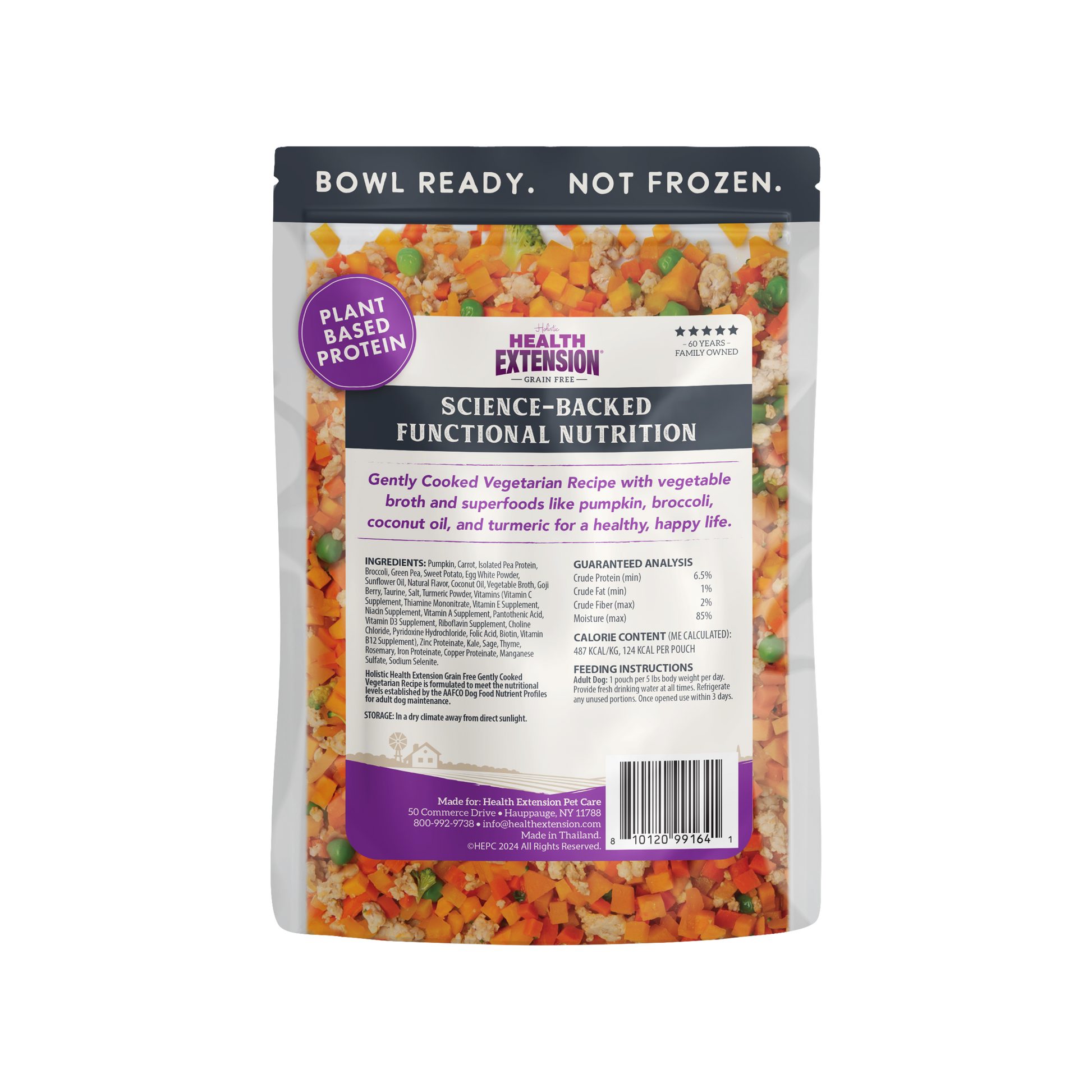 Health Extension plant-based protein package with colorful ingredients on a white background