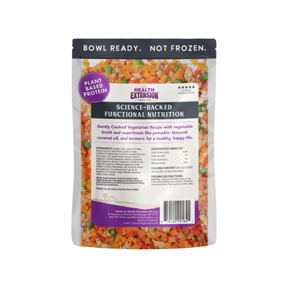 Health Extension plant-based protein package with colorful ingredients on a white background