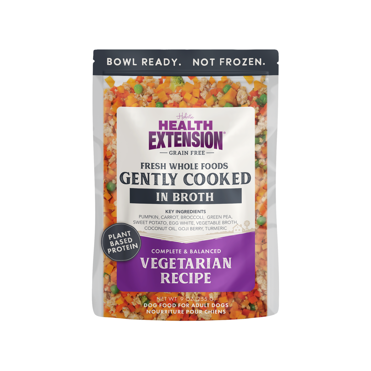 Health Extension dog food pouch with colorful ingredients on a white background