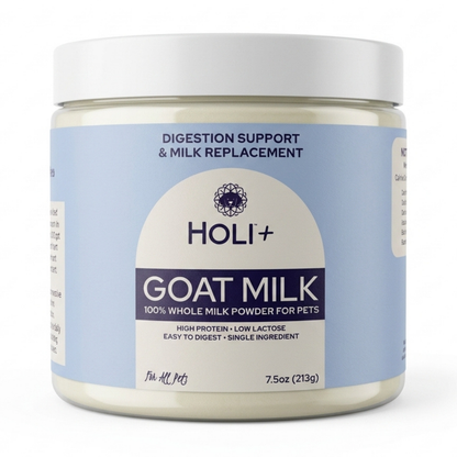 Jar of Holi+ Goat Milk powder for pets on a white background