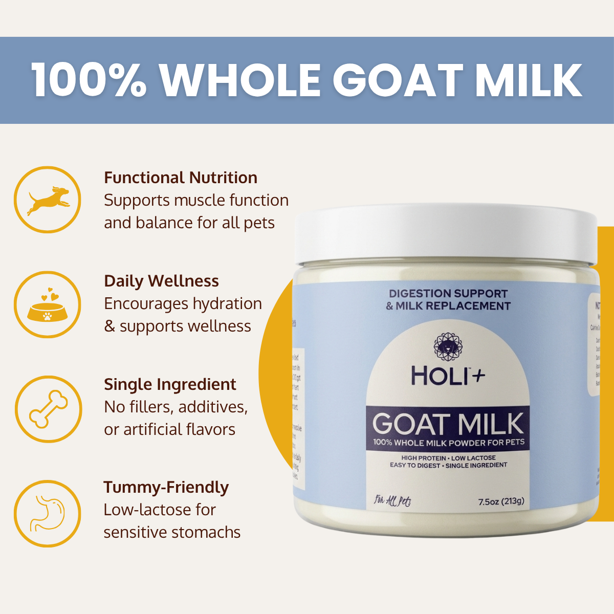 HOLI+ goat milk powder container with product features on a white background