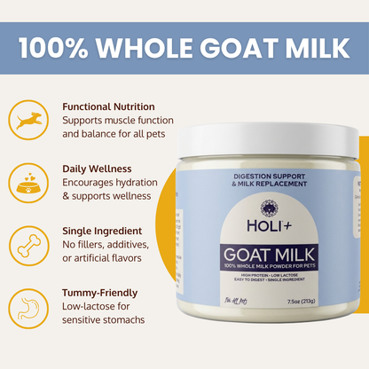 HOLI+ goat milk powder container with product features on a white background
