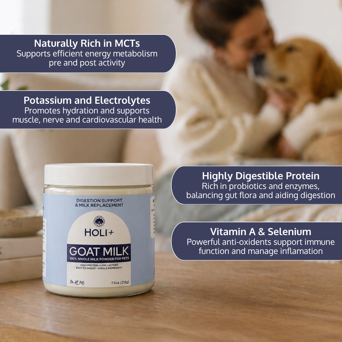 Container of Holi+ Goat Milk with text about its benefits on a wooden surface.