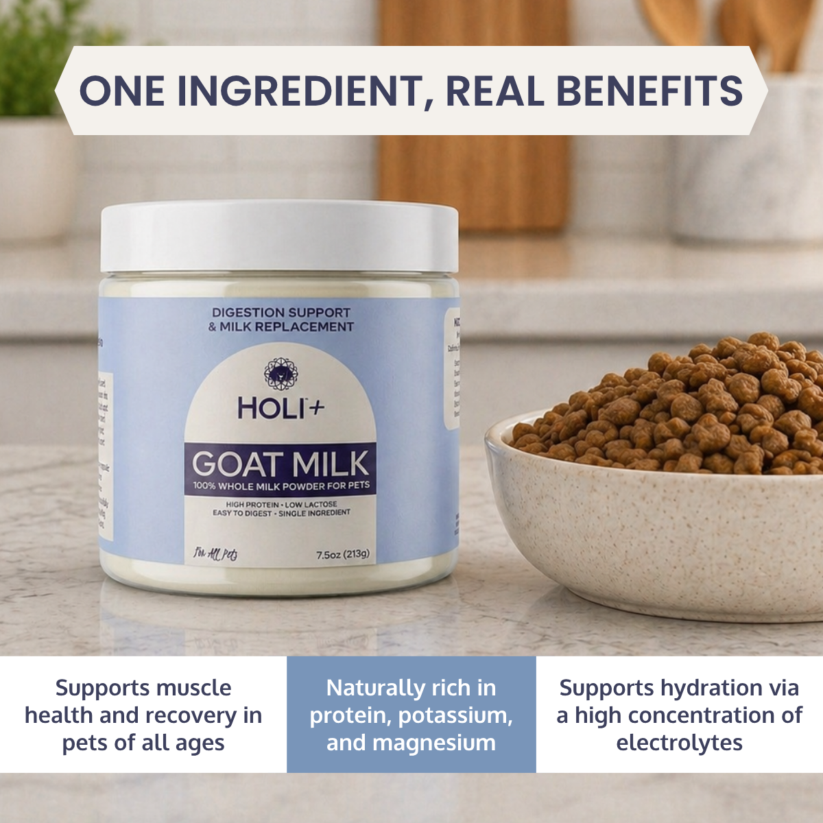 HOLI+ goat milk powder container with pet food on a kitchen counter