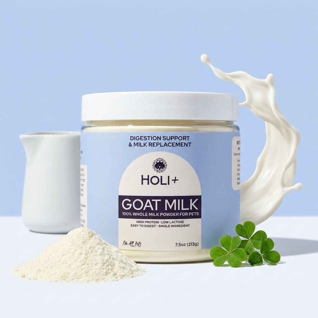 Jar of Holi+ Goat Milk powder with a small pitcher and clover leaves on a light blue background