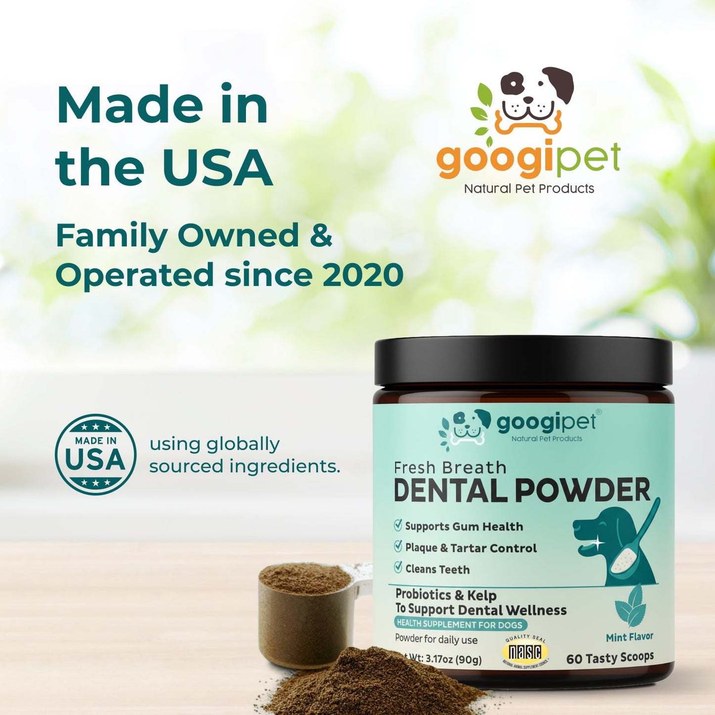 Googipet dental powder for dogs with branding and product details on a blurred natural background