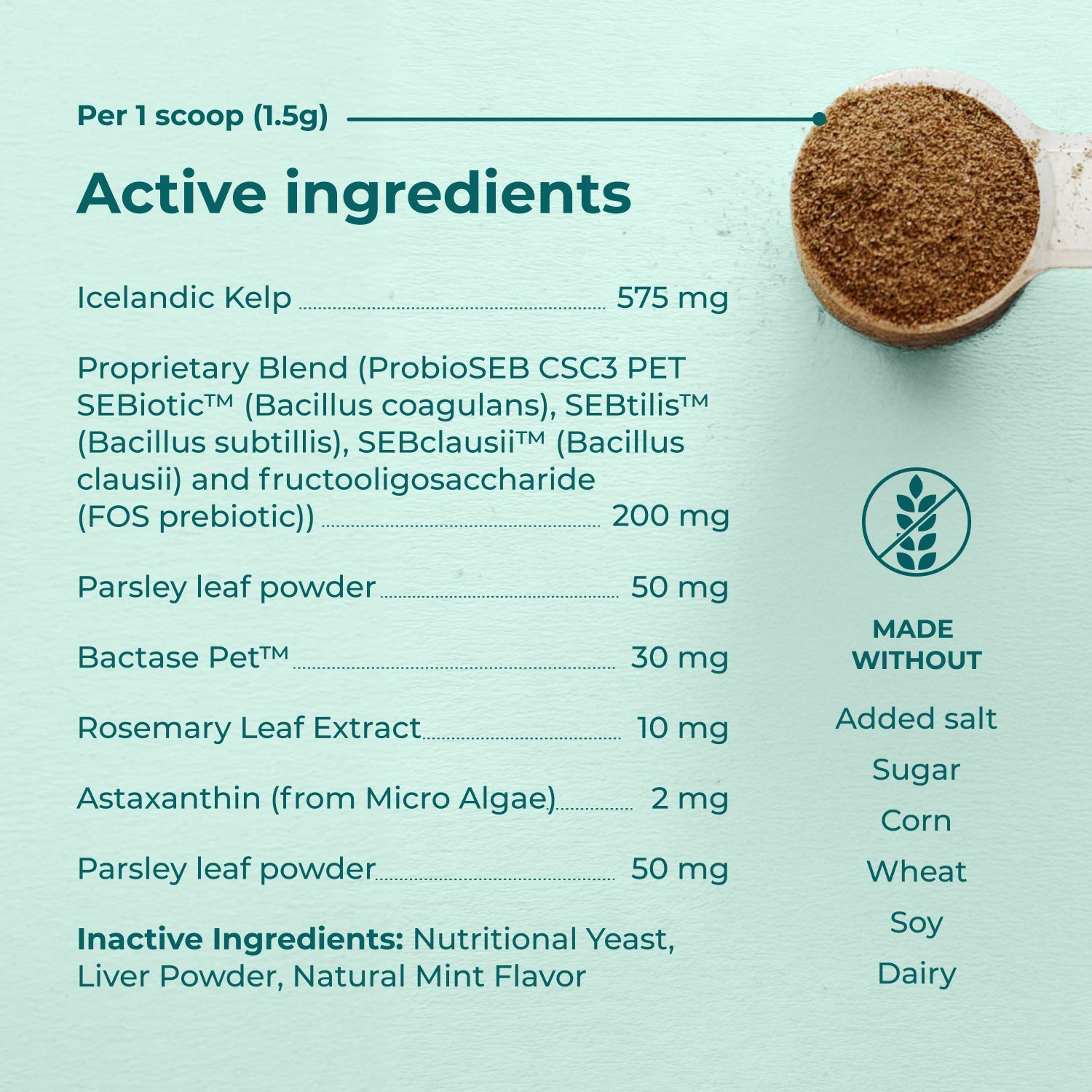 Nutritional label with active ingredients and a scoop of powder on a light green background