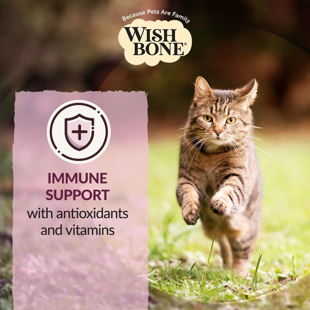 Cat running outdoors with Wish Bone cat food package highlighting immune support benefits.