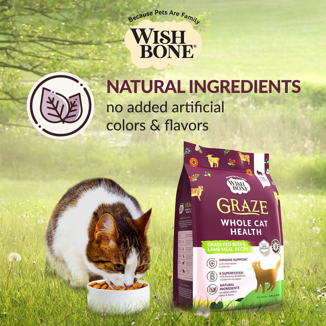 Cat eating from a bowl with Wish Bone Graze Whole Cat Health food bag on a grassy background