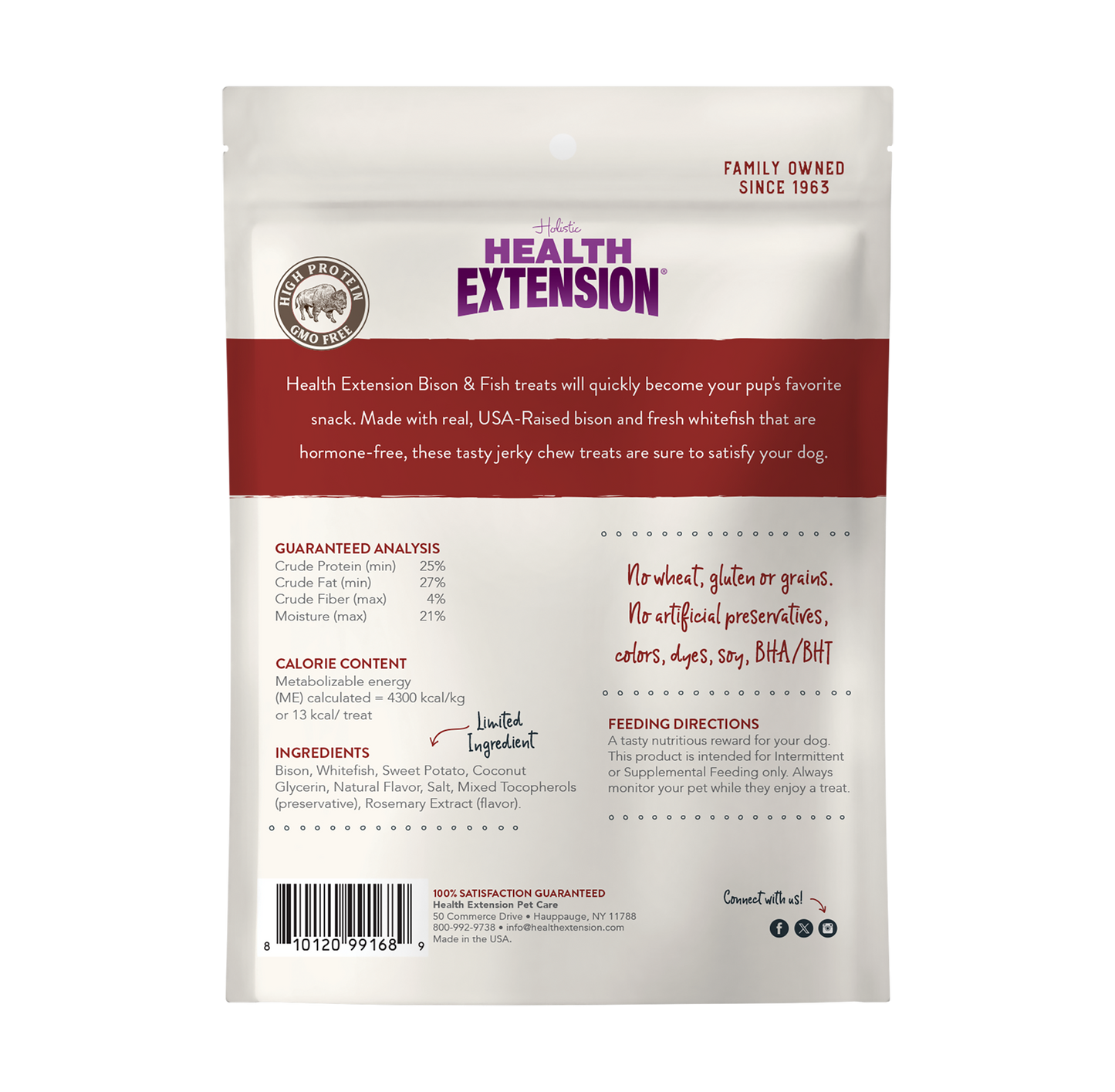 Health Extension dog treat package with text and branding on a white background