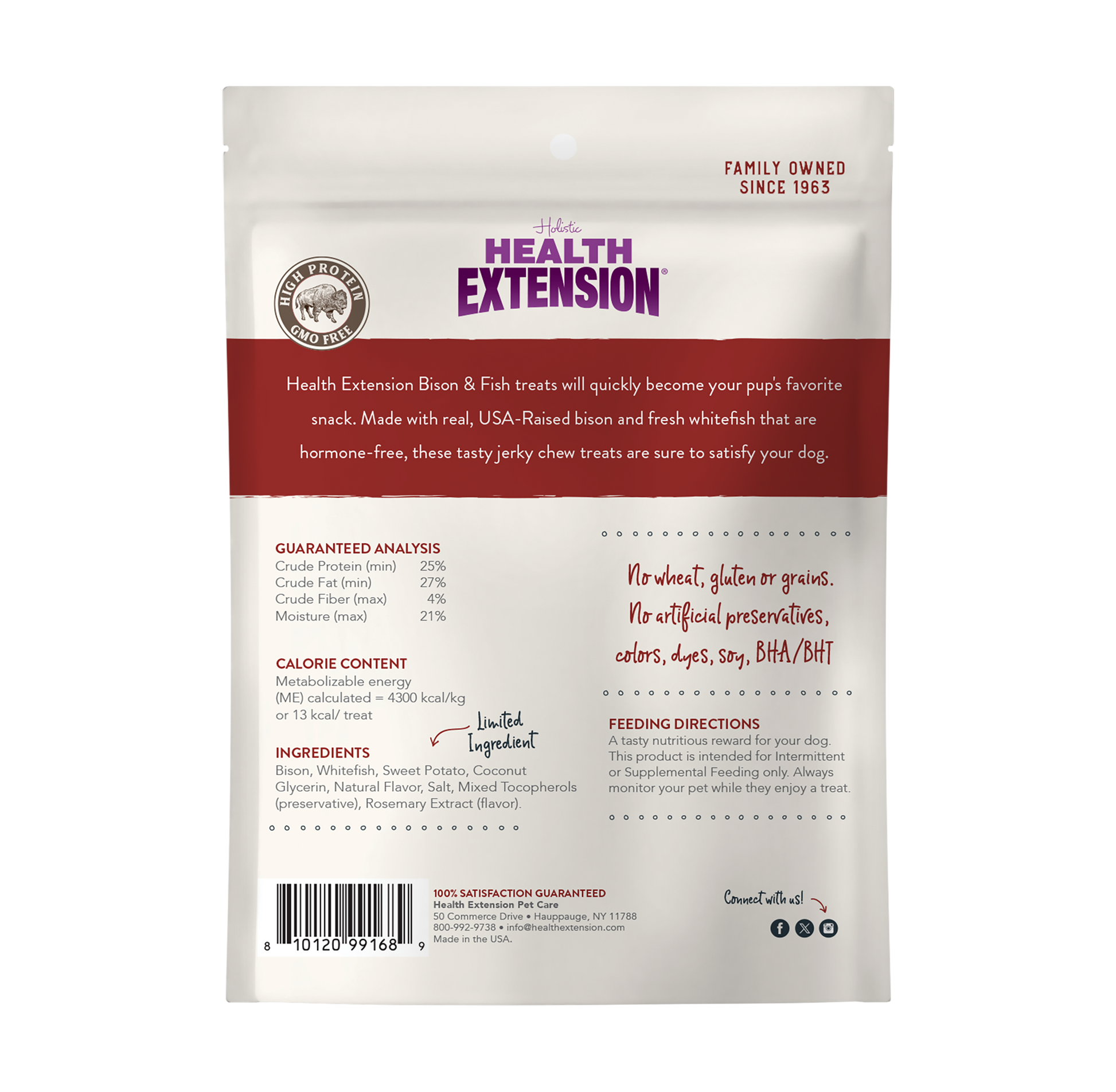 Health Extension dog treat package with text and branding on a white background