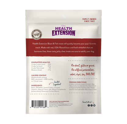 Health Extension dog treat package with text and branding on a white background