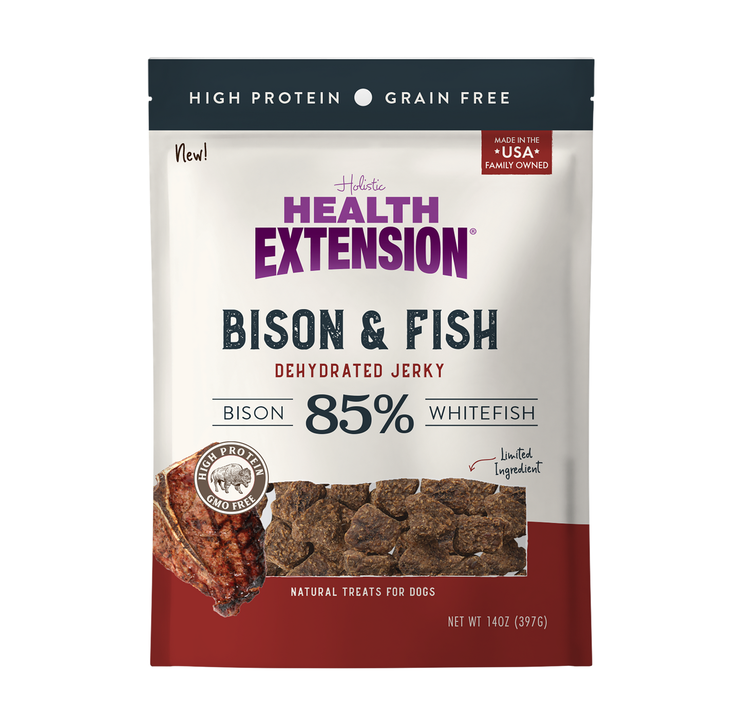 Health Extension Bison & Fish dehydrated jerky package on a white background