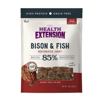 Health Extension Bison & Fish dehydrated jerky package on a white background