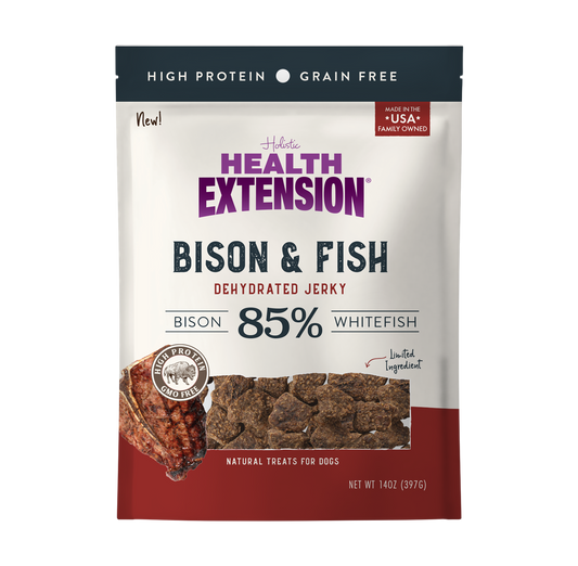 Health Extension Bison & Fish dehydrated jerky package on a white background