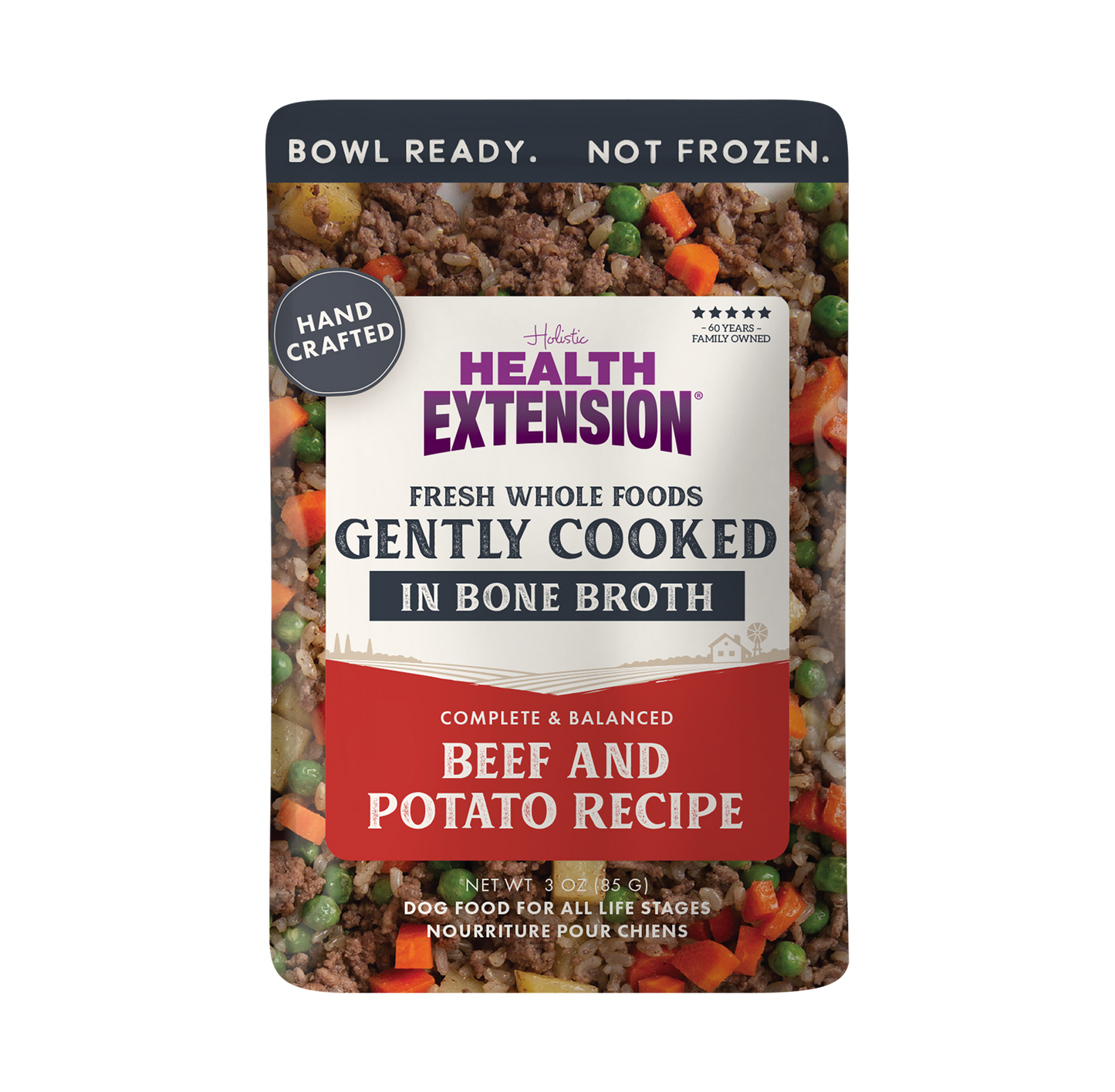 Health Extension dog food pouch with beef and potato recipe on a white background