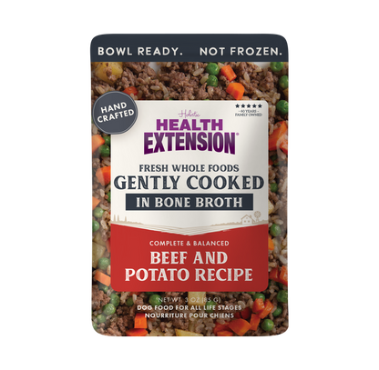 Health Extension dog food pouch with beef and potato recipe on a white background